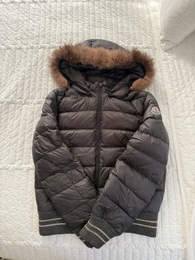 Moncler Black Puffer Jacket with Brown Fur Hood Trim